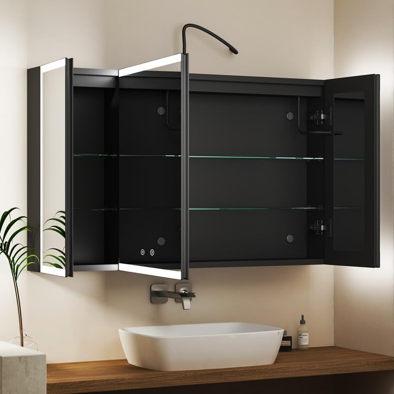 Spiegelschrank 90x60cm mit Beleuchtung Spiegel, Dreiteiliger LED Beleuchtung Badschrank mit 3 Farbtemperaturen, Medizinschrank Badezimmerschrank mit Touch, Beschlagfrei und Ablagen