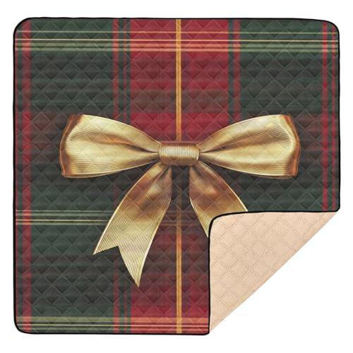 BOESI Bow Pattern on Plaid Background Baby Play Mat, 50“ X 50” Washable Folding Crawling Mat, Baby Floor Mat, Soft, Thick, Non-Slip