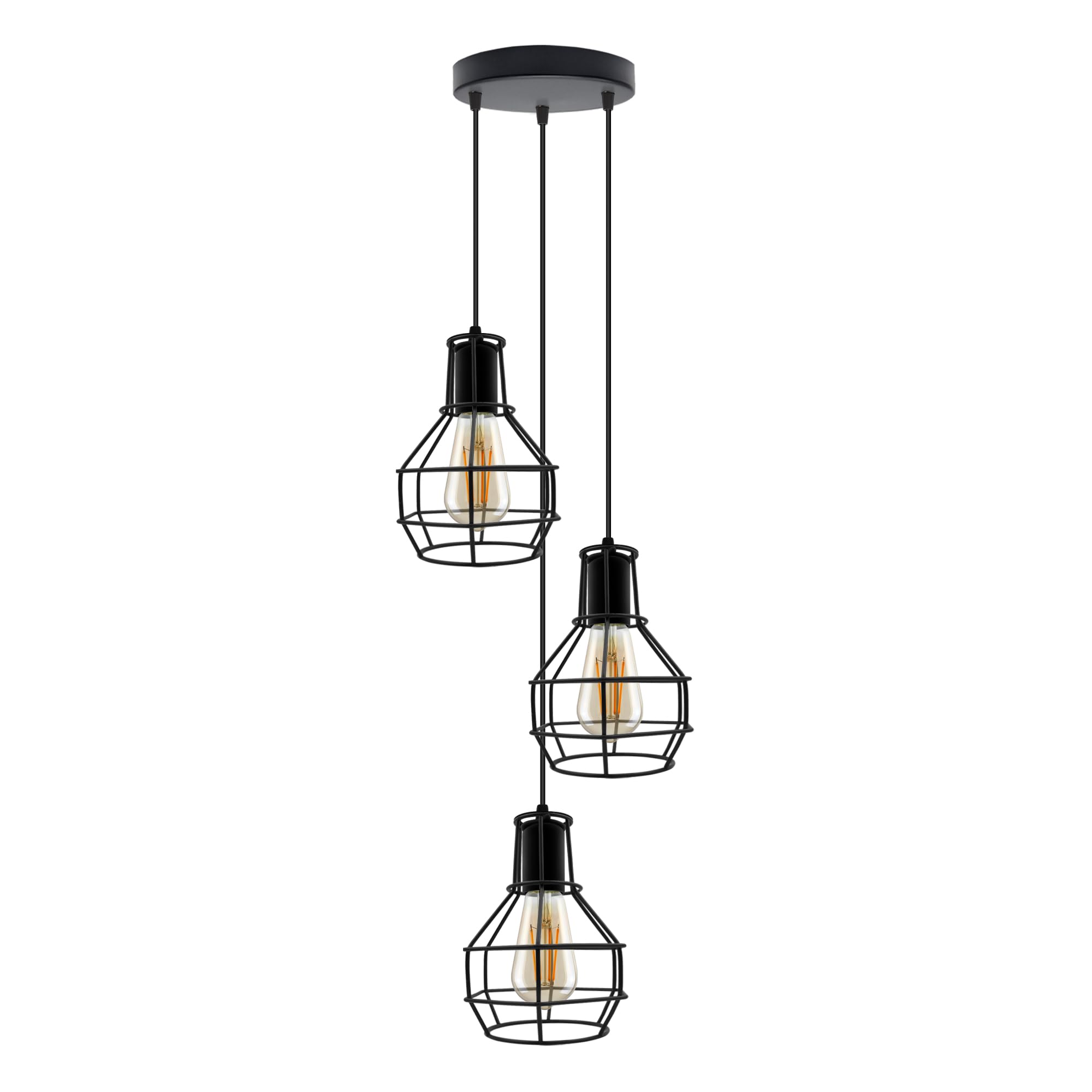 DC VOLTAGE 3 Light Pendant Ceiling Light, E27 Base, 90cm Adjustable Cable, Black Metal Cage Shades, Industrial Vintage Hanging Lamp for Living Room, Kitchen, Dining Room