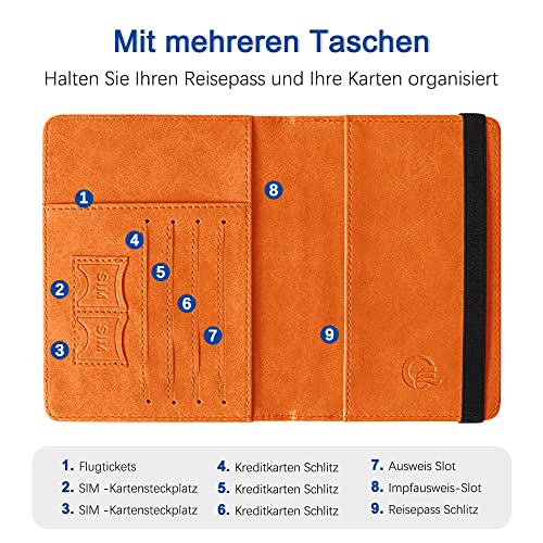 Czyan Reisepasshülle, Kunstleder Schutzhülle Reisepass mit RFID Blockier Schutzhülle Impfausweis Schutzhülle Tasche für Kreditkarten Ausweis und Reisedokumente(Orange)