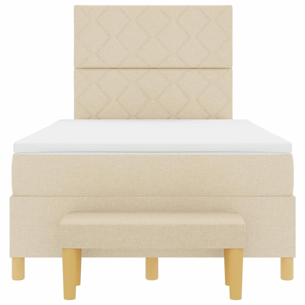 Cama con somier con colchón color crema de 120 x 200 cm, estructura moderna con colchón de espuma, cabecero de poliéster y banco práctico, comodidad media para un descanso