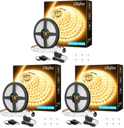 Image of Olafus 32.8ft LED Strip Lights Warm White, Dimmable Soft White Light Strip 3000K with Adhesive Clips, 12V 10M Flexible Led Lights for Bedroom Indoor Kitchen, UL Listed Plug, 600 LEDs 2835 (Pack of 3)