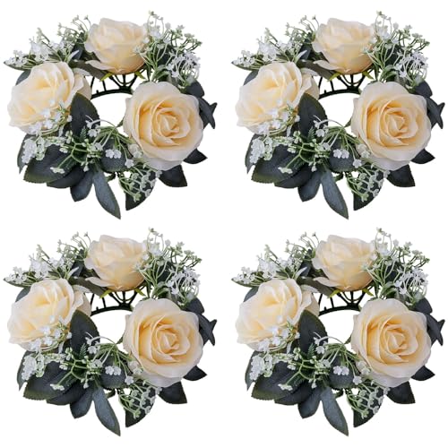 4 Pcs Artificial Rose Candle Rings,Floral Wreaths with Eucalyptus Leaves Greenery Garland 3 Inch Center for Pillar Candle Lantern Wedding Centerpiece Party Home Table Decor (Champagne)