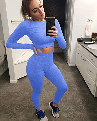 OYS Women\'s Workout 2 Piece Outfits Seamless High Waist Yoga Leggings Running Sports Long sleeve Gym Sets Blue