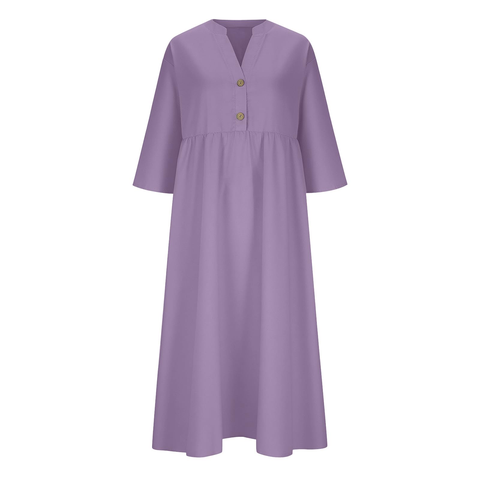 Abiti Lunghi Estivi Donna Lino Vestito Lungo in Cotone a Maniche a 3/4 Morbido Abito Scollo a V Boho Chic Abito Largo con Tasche Comodo Abiti Mare Casual Tinta Unita Leggeri Vestiti Baggy da Spiaggia