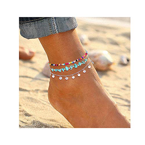 YAHPERN Anklets for Women Girls Color Beads Turquoise Drop Sequin Charm Adjustable Ankle