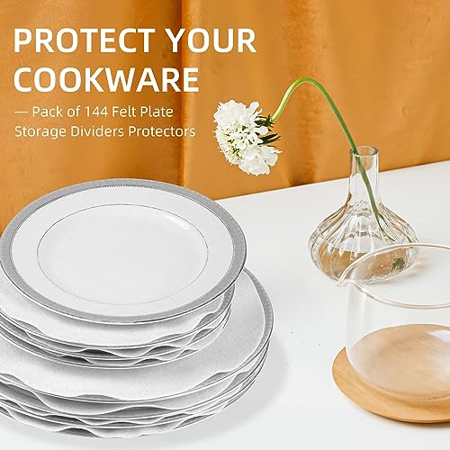 LITLANDSTAR Plate China Storage Dividers, 144 Pieces with 3 Different Sizes Premium Felt Plate Dividers Round China Dish Protectors for Porcelain Cookware Protecting and Stacking, White