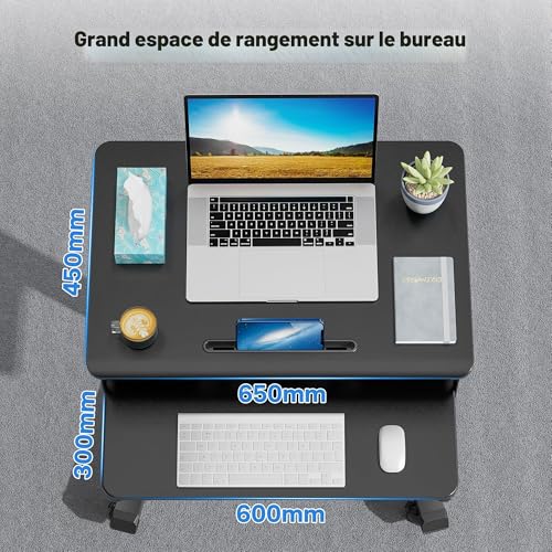 Bureau informatique mobile BONTEC réglable, table ordinateur compacte à roulette de 65x45 cm