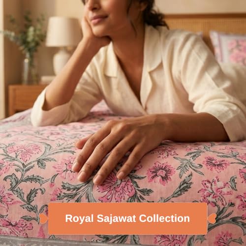 Image of Naksh Queen Size Bed Sheet Pink Floral Print 2 Pillow Covers | Pink Botanical Floral Print | Heritage Design for Queen Size Bedrooms