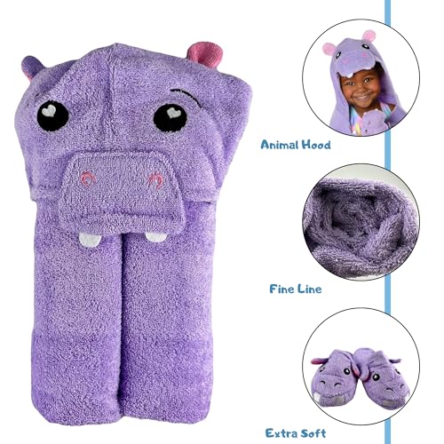 Image of SoapSox Hooded Towel & Slipper Set for Kids - Soft Cotton Towel w /Hand Pockets + Matching Slippers - 27x45 inch Gift Set