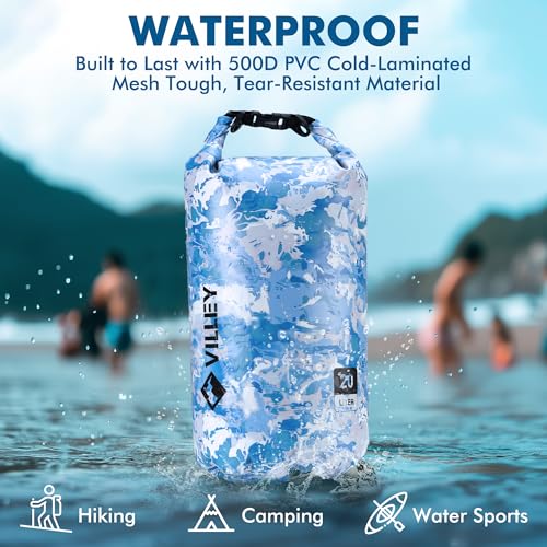 Image of VILLEY Dry Bag Waterproof 5L Roll Top Storage Backpack, Keeps Gear Dry Lightweight Backpack for Kayaking Boating Camping Swimming and Beach Accessories Blue Camo