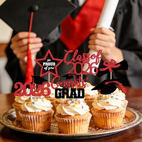 Image of 48 PCS Graduation Cupcake Toppers, Glittery 6 Styles Congrats Grad Cake Topper, Black and Red Graduation Decorations 2026, Cap and Diploma Cake Picks for Grad Party Supplies