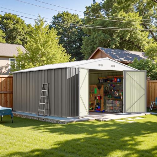 Image of Patiowell 10 x 12 FT Metal Storage Shed for Outdoor, Steel Yard Shed with Design of Lockable Doors, Utility and Tool Storage for Garden, Backyard, Patio, Outside use, Gray