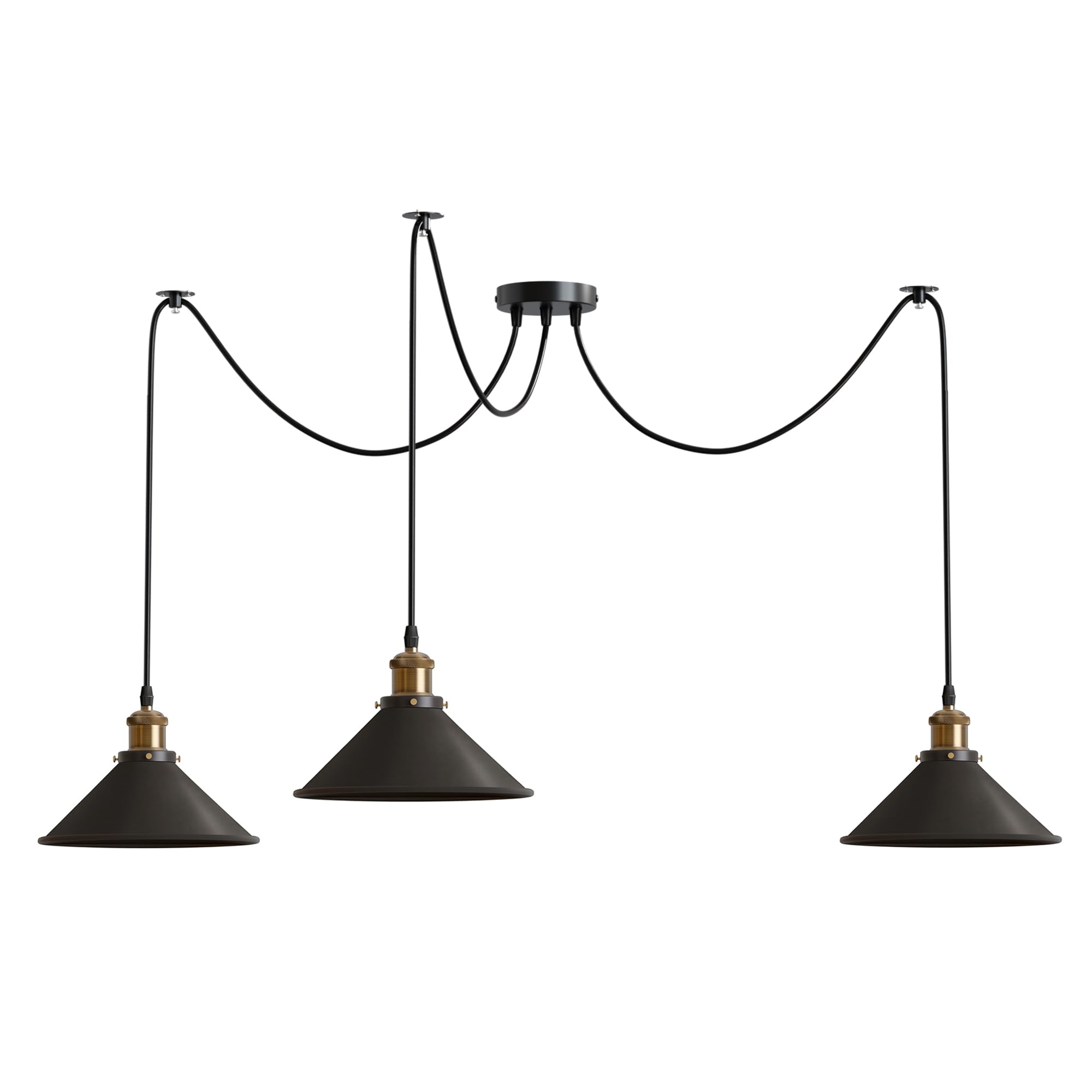 LEDSone Lampada a Sospensione Spider 5 Vie - Lampada Industriale Vintage con Paralumi Conici Neri in Metallo - Corda Regolabile 2m con Attacco E27 (Nero 3 Teste)