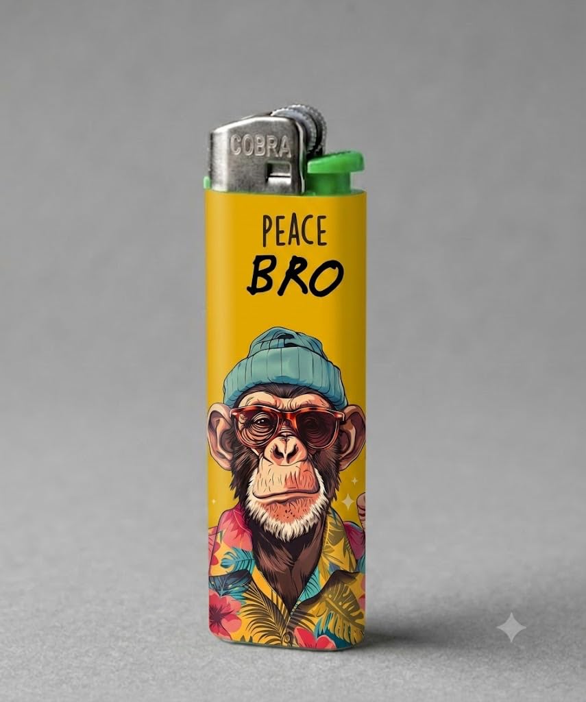Lighter with Cool Monkey Peace Bro Print, Yellow, Funky Chimp Design, Novelty Gift-image-49
