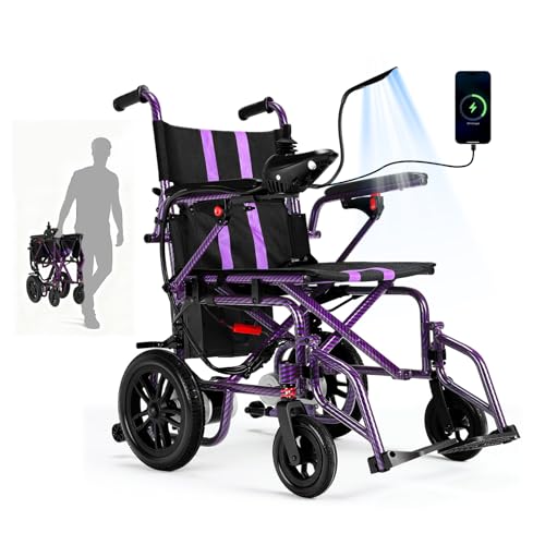 Electric Wheelchairs for Adults，Lightweight Foldable Wheelchair 15 Miles Long Travel Range, 360° Joystick Control Motorized Wheelchair, Support 286 lbs with LED Light Power Wheelchair (Purple)