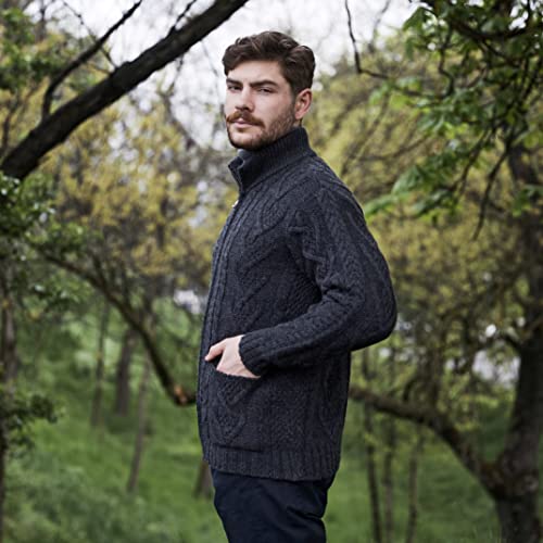 SAOL 100% Merino Wool Men's Zipper Cable Knit Winter Warm Cardigan Sweater with Pockets in Charcoal/Army Green3