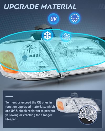 Image of Nilight Headlight Assembly Compatible with 1997 1998 1999 2000 2001 2002 2003 2004 2005 Chevy Venture Oldsmobile Silhouette 1997-1998 Pontiac Chrome Housing Amber Corner Clear Lens | For Venture 1997 1998 1999 2000 2001 2002 2003 2004 2005 Chrome Housing Amber Reflector Headlights Driver and Passenger Side