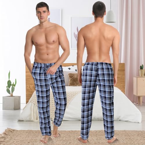 Image of 3 Pack Mens Cotton Pajamas Pants Lounge Pjs Bottoms Sleepwear Bottoms Soft Pants with Pockets Drawstring(Brown, Blue, Black,M,Plaid)