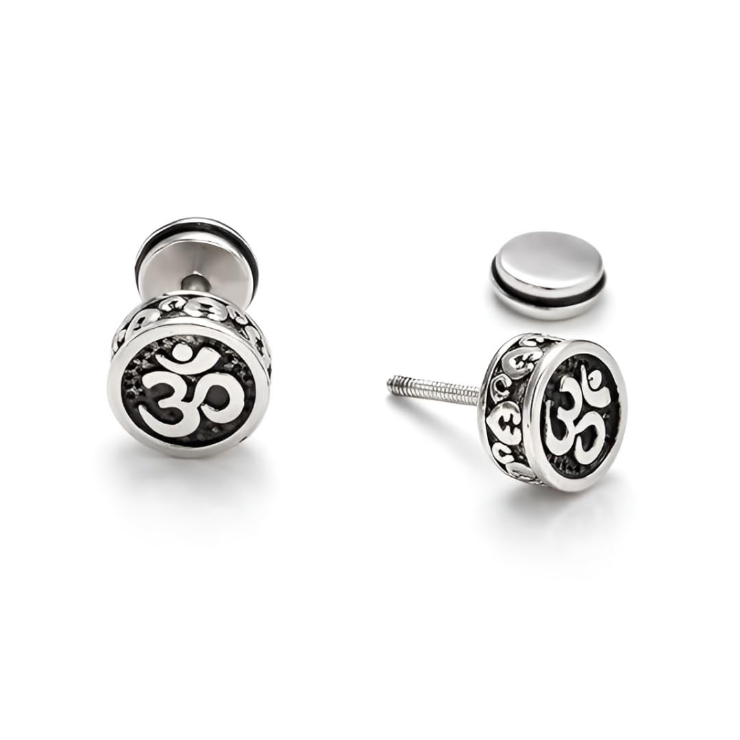 Stainless Steel Oxidized Silver Plated Lord Shiva Mahadev Om Symbol Stud Earrings Screw Back Ear Piercing For Men, Women, Boys & Girls | Religious Spiritual Jewelry Gift For Daily Wear (1 Pair)-image-40