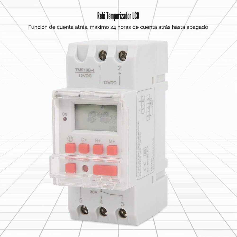 TM919B-4 Interruptor de Temporizador 12V DC 30A, 7 Días Pantalla Digital LCD Temporizador de Encendido y Apagado