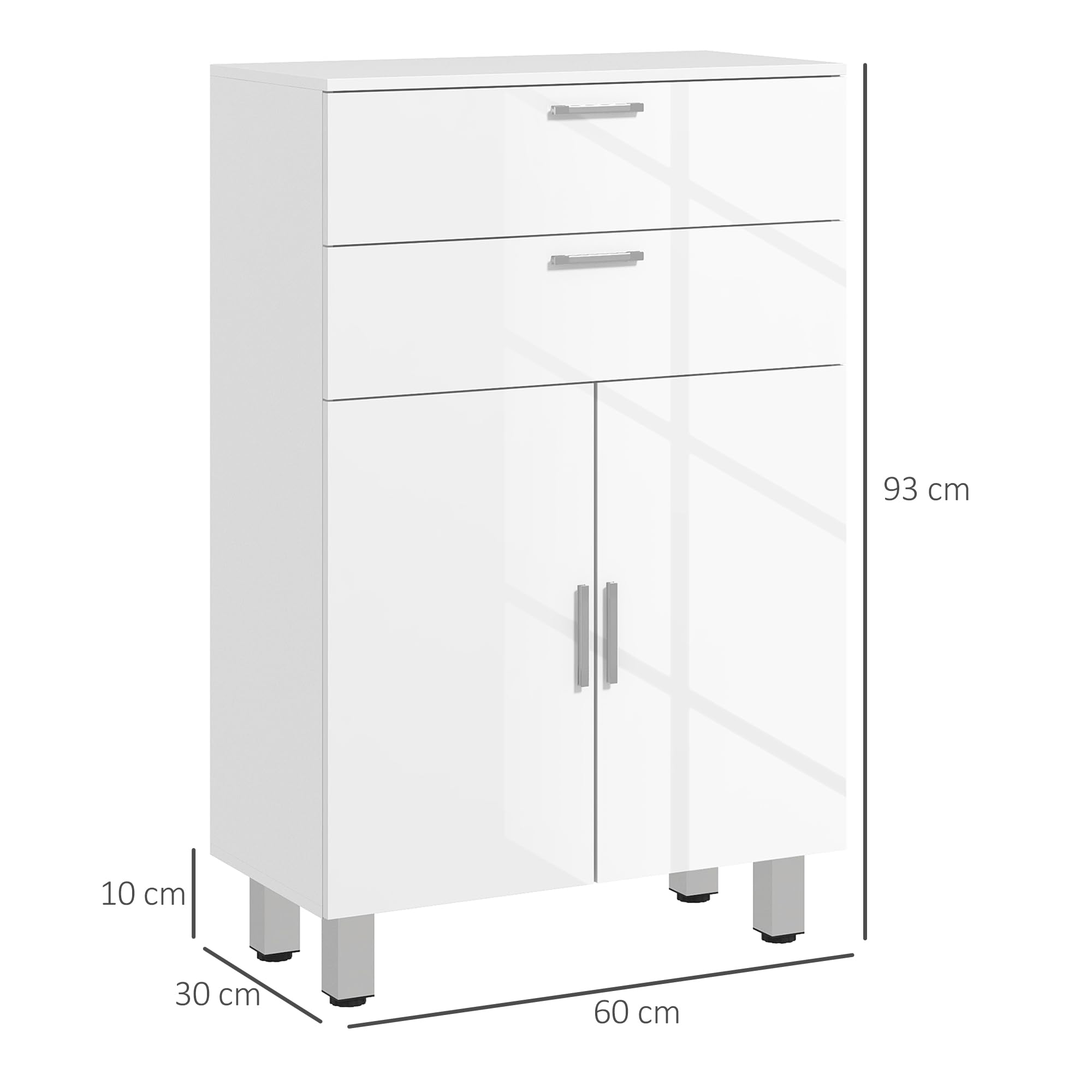 kleankin Mueble Auxiliar Baño Moderno Mueble de Baño con Estantes Ajustables y 2 Cajones Armario Mueble de Almacenaje para Dormitorio Salón Antivuelco Blanco Brillo Carga 35 kg 60x30x93 cm