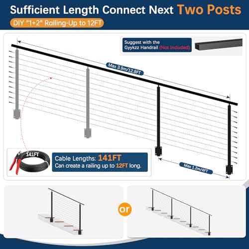 Image of 4-12FT Swageless Side Mount Stair Cable Railing Post for 28-38 Degrees Stair, Left Side Railing System 3 Stair Post, 141FT Cable, 22 Patent Terminal, Fascia Mount Post Kit for 36 inch /42 inch Railing