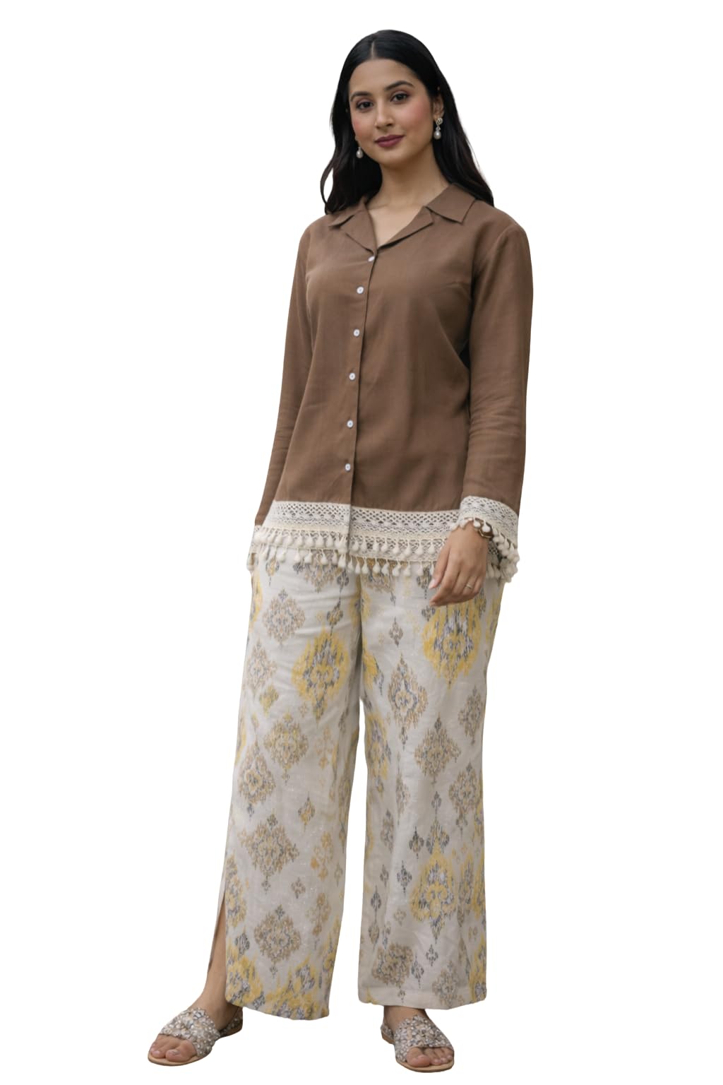 shrisay creation Women's Rayon Silk Printed Work Co_Ord Set Collor Neck & 3/4 Sleeve For Women Lightweight & Breathable Fabric_Chiku_S-Soft & Comfortable-picture-17
