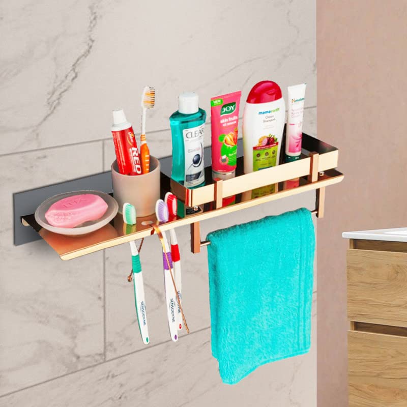 JIMIKRON 4in1 Rose-gold 304 Stainless Steel Bathroom Shelf + Liquid Soap Holder/tumbler Holder + Towel Rack + Brush & Paste Holder + Bathroom Organizer/rack for Bathroom Accessories(Golden, Pack of 1) (B0BSVH34NV) Amazon Price History, Amazon Price Tracker