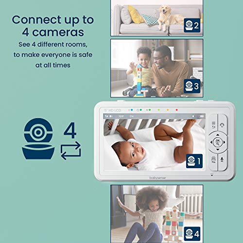 Image of Babysense HD 5 inch Video Baby Monitor with Camera and Audio, No WiFi /App, Secure Closed-Loop, Night Vision, Pan-Tilt-Zoom, VOX Audio Alerts, White Noise & Lullabies, Up to 1000 ft Range, 20-Hour Battery