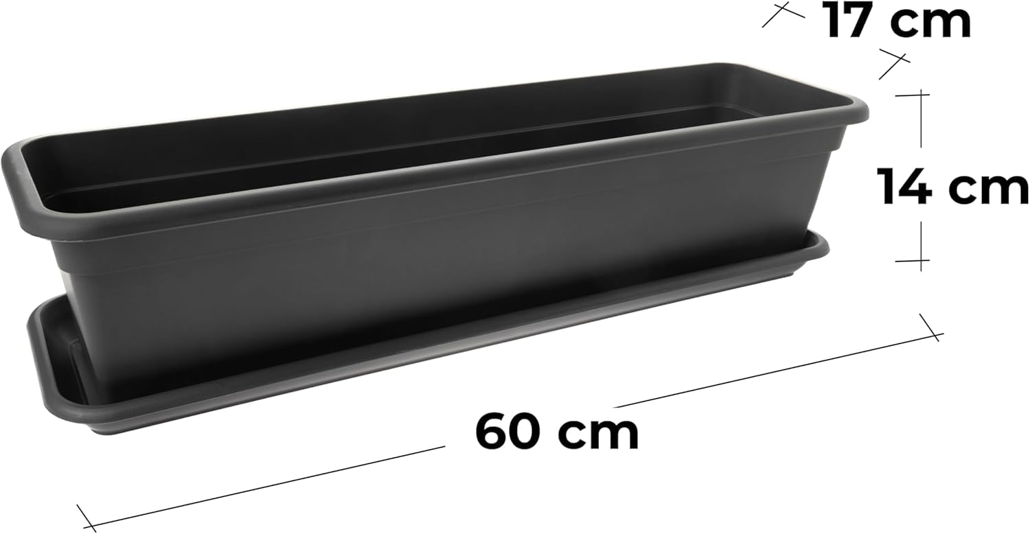 SUSTANIA Élégance anthracite : lot de 6 jardinières de balcon de 60 cm avec soucoupe - Laissez votre balcon fleurir avec style ! - Jardinière fabriquée en UE