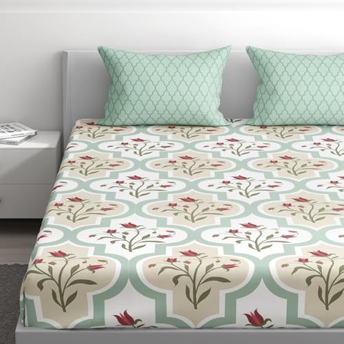 Image of Wakefit 100% Cotton 200 TC Flat Printed Bedsheet, Booke Queen Size (100x90 Inches) / (2.54m*2.29m) with 2 Pillow Covers Booke, Double