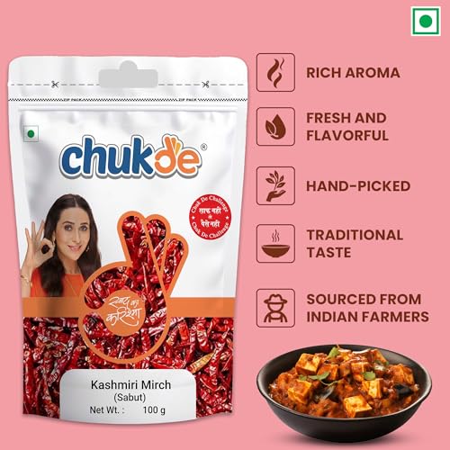 Image of Chukde - Kashmiri Lal Mirch Sabut - Chilli Stemless Whole - Whole Spice for Cooking, Flavoring, and Garnishing Indian Dishes - Ideal For Curries, Gravy, Pickles, and More - 100 Gram (Pack of 6)