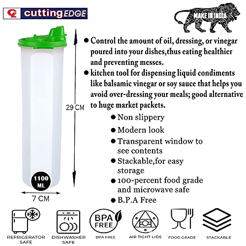 Image of Cutting EDGE 1.1 litres Smart Slim Oil Dispenser Airtight Green (Set of 4) | BPA free food grade plastic material, recommended for storing oil, vinegar, Water, sauces, juice, kitchen Storage