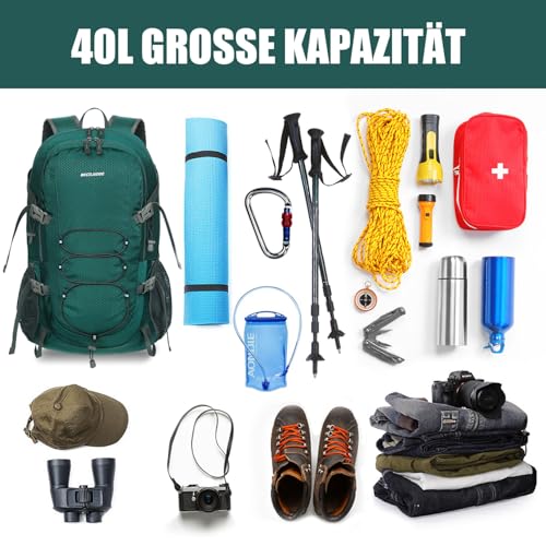 BECOJADDE Wanderrucksack Herren Damen 40L Ultraleichter Faltbarer Rucksack Wasserdichter Reiserucksack Trekkingrucksack mit Nassfach für Wandern, Reisen, Radfahren und Klettern, Grün