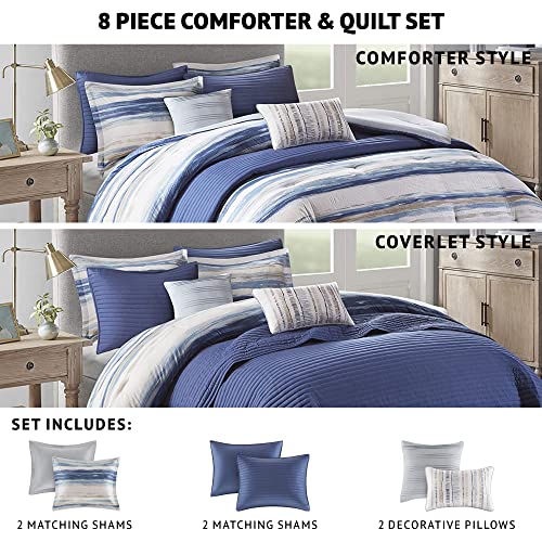 Madison Park Marina Comforter Quilt Combo Set - Modern Luxury Design, All Season Down Alternative Bedding, Matching Shams, Decorative Pillows, King/Cal King(104"x92") Seersucker Blue 8 Piece - Image 3