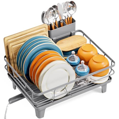 Scolapiatti da Appoggio, Scolapiatti da Lavello con Portautensili, Scolapiatti Salvaspazio con piedini rialzati, Gocciolatoio per Lavello per Piano Cucina di Grande Capacità, 41.5x31x17.5 cm,Grigio