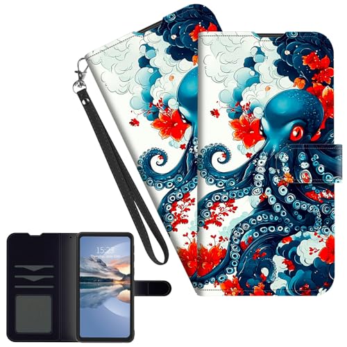 HEAKIERG for Cricket Outlast 5G 2024/AT&T Motivate Pro 5G Wallet Case with 3 Card Holder & Wrist Strap, Shockproof Protective Kickstand Cover Credit Cards Slot FlipCases, Octopus Waves