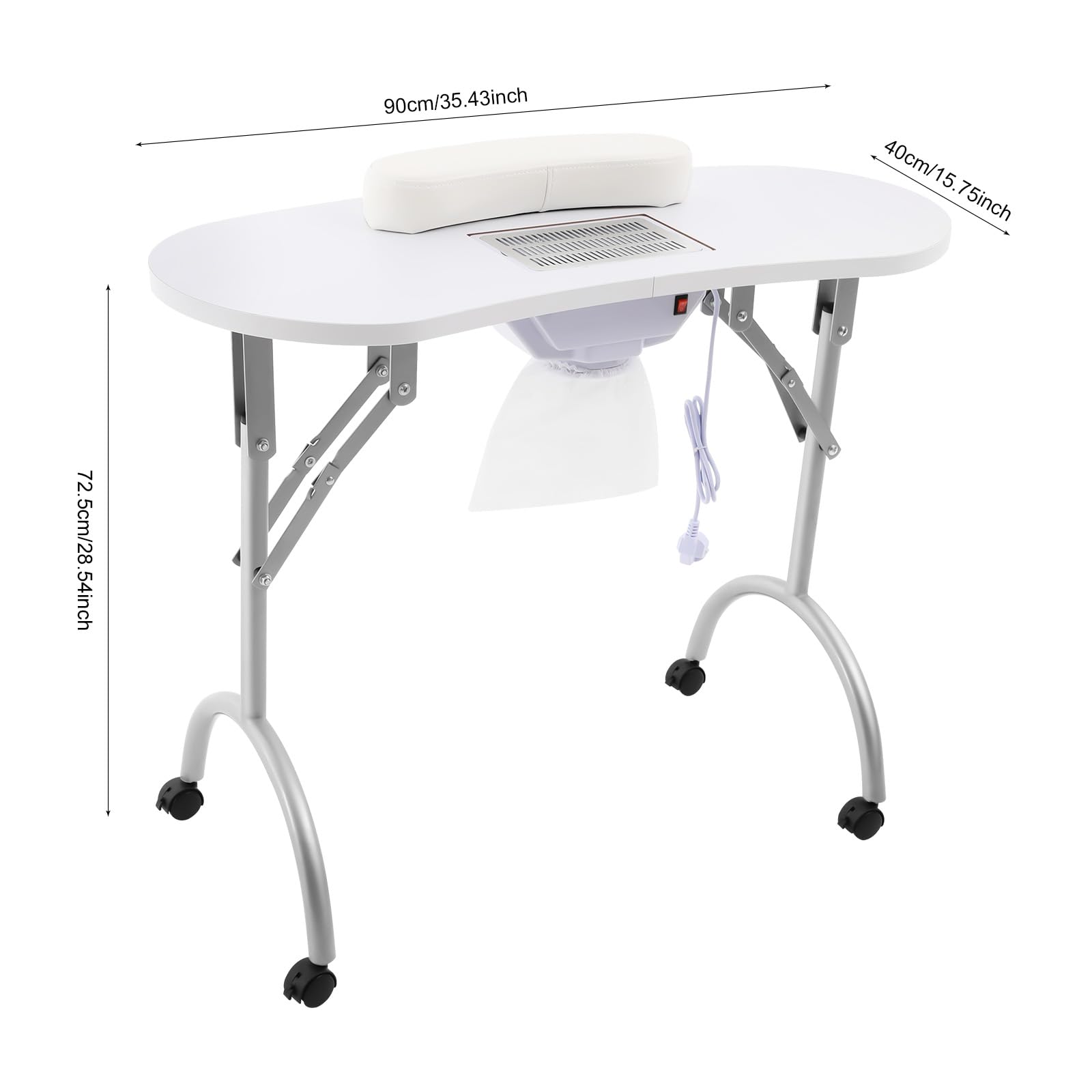 Mesa de Manicura Portátil y Plegable Con Aspiración - 90 x 40 x 72 cm, Bolsa para Polvo y Ruedas - Color Blanco