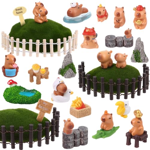 48 Pcs Mini Capybara Figures Playset Simulation Capybara Model Miniature Garden Accessories Wood Mini Fences Bridge Mountain Figurine Ornament Cake Topper for Fairy Garden Micro Landscape Decor