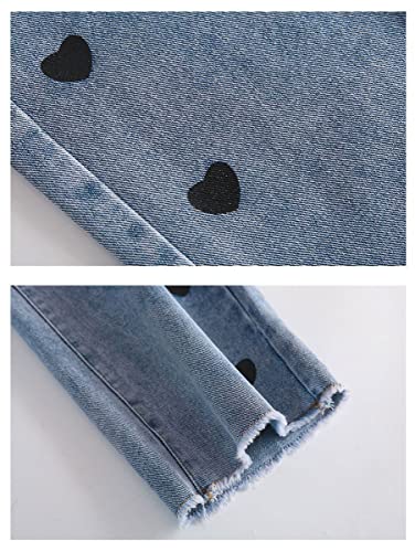 Naber Kids Girls Lovely Heart Pattern Printed Denim Pants Elastic Waist Loose Straight Jeans For 5-15 Years(Style1,13-14 Years) #TOP6