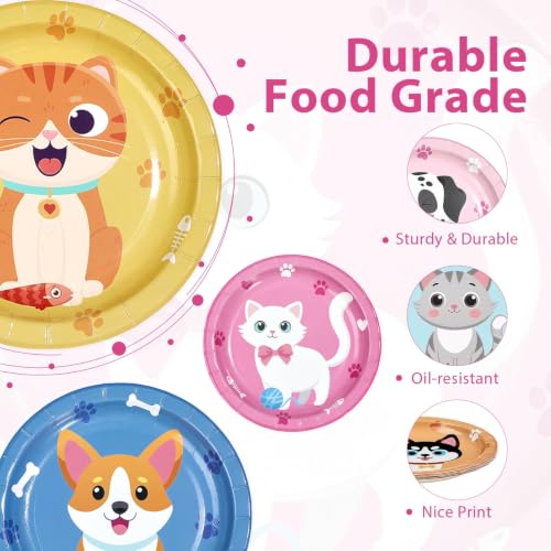 Image of 60Pcs Cat Dog Paper Plate 7 inch Kitten Puppy Heavy Duty Paper Plates | Cute Paw Pet Animal Disposable Dessert Cake Platters for Kids Cat Dog Birthday Baby Shower Party Supplies Decorations
