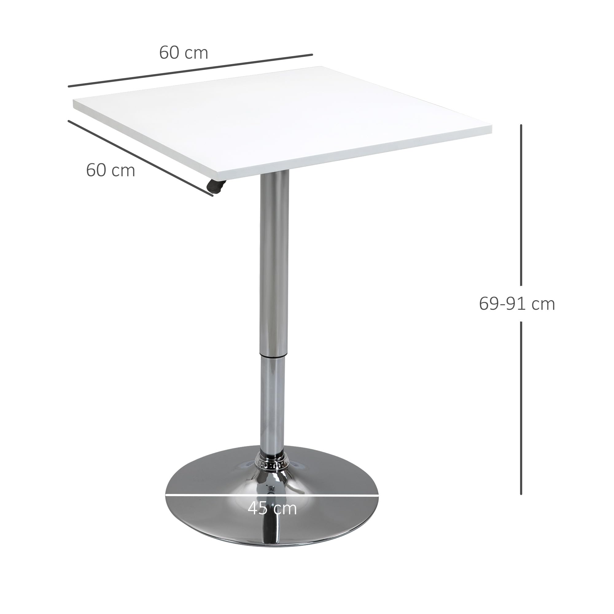HOMCOM Bartisch Höhenverstellbar Stehtisch mit Drehbar Tischplatte, rutschfest Küchentisch für Wohnzimmer, Esszimmer, Weiß, 60 x 60 x 69-91 cm