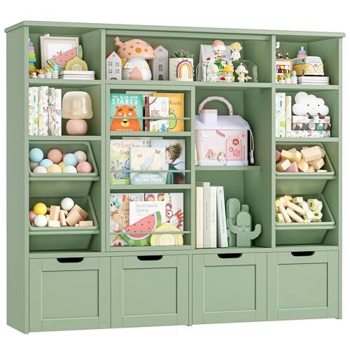 FINETONES 55.1’’ W Toy Storage with Sliding Bookshelf, Large Toy Organizer Kids Bookshelf with 4 Movable Drawers and 4 Bins, Toy Bins for Kids Organizer Playroom Storage for Kid Room, Green