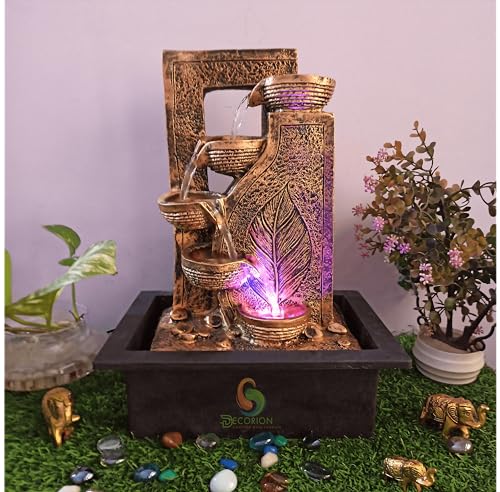 Image of Decorative Table Top Water Fountain for Home Decor /Office /Indoor & Outdoor /Garden /Puja Room /Vaastu with Multicolor LED Light and Adjustable Water Pump (Gold D-035)