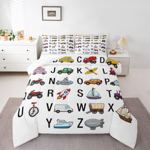 Image of Feelyou Excavator Kids Comforter Fire Truck Police Car Boys Comforter Set Helicopter Motorcycle Ambulance Bedding Set Alphabet Vehicle Cars Quilt Decor with 2 Pillowcases 3Pcs Bedding King Boys