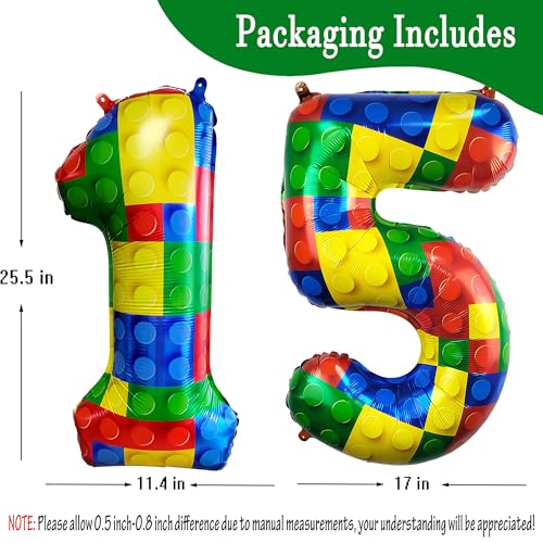Image of 32 Inch Building Block Number 15 Balloons birthday Block Themed Large Big Helium Foil Mylar Balloon for Girls Boys Birthday Party Decoration Supplies