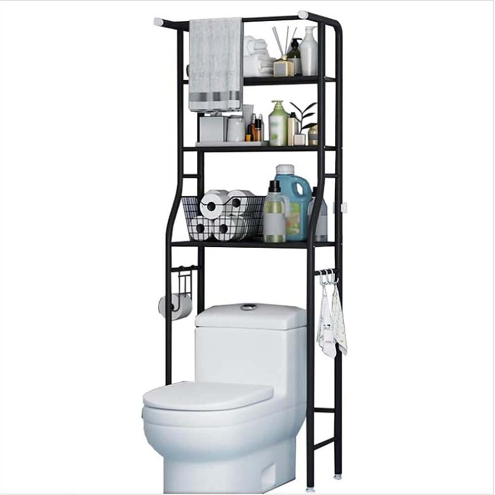 Scaffale a 3 ripiani in metallo antiruggine autoportante con porta carta igienica, per bagno, lavanderia e soggiorno, elegante design nero