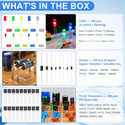 1530Pcs Electronics Component Kit – Electronics Lab Starter Set 830-Tie Breadboard, Metal-Film Resistors, Ceramic & Electrolytic Capacitors, LEDs, Diodes, Transistors, Dupont & Jumper Wires - Image 4