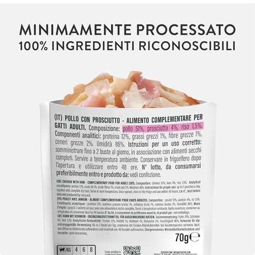 Schesir, Hähnchenfilets mit Schinken in Gelee, ergänzendes Nassfutter für Katzen, Originalrezept, 100% natürlich, 12 Beutel à 70 g